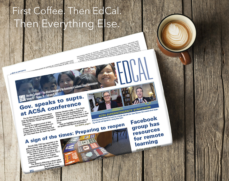 First coffee, then EdCal, then everything else. EdCal on a table with a latte.